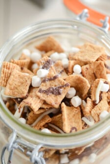 Close up of Smore's Snack Mix in a glass jar