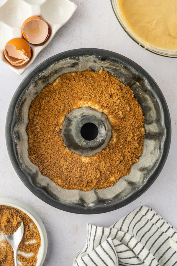 Cinnamon-sugar sprinkled over cake batter in a bundt pan.