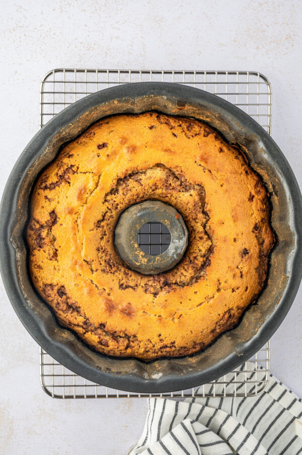 A baked bundt cake, still in the pan.