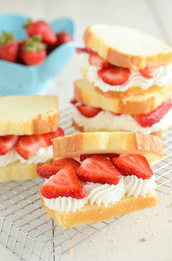 Strawberry Shortcake Sandwiches - a quick fresh dessert using poundcake, strawberries and fresh whipped cream!