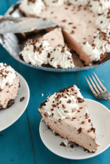 A Piece of Mocha Pie on a White Plate with the Remaining Pie in the Background