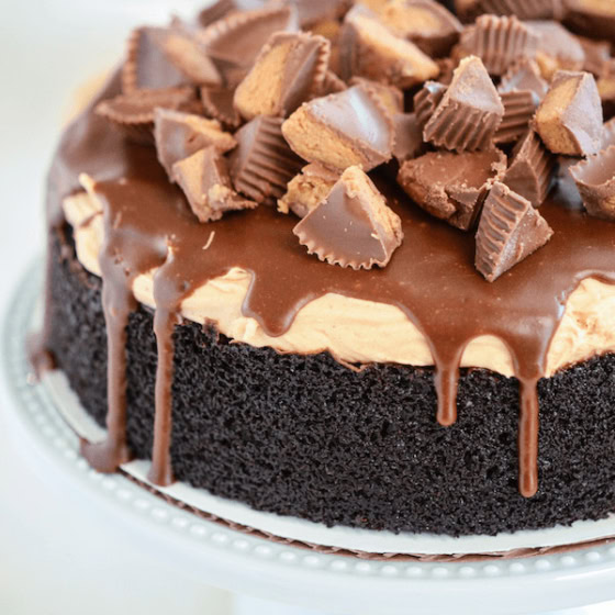 Reese's Dark Chocolate Peanut Butter Cake on a white cake stand topped with chopped Reese's Peanut Butter Cups over chocolate ganache