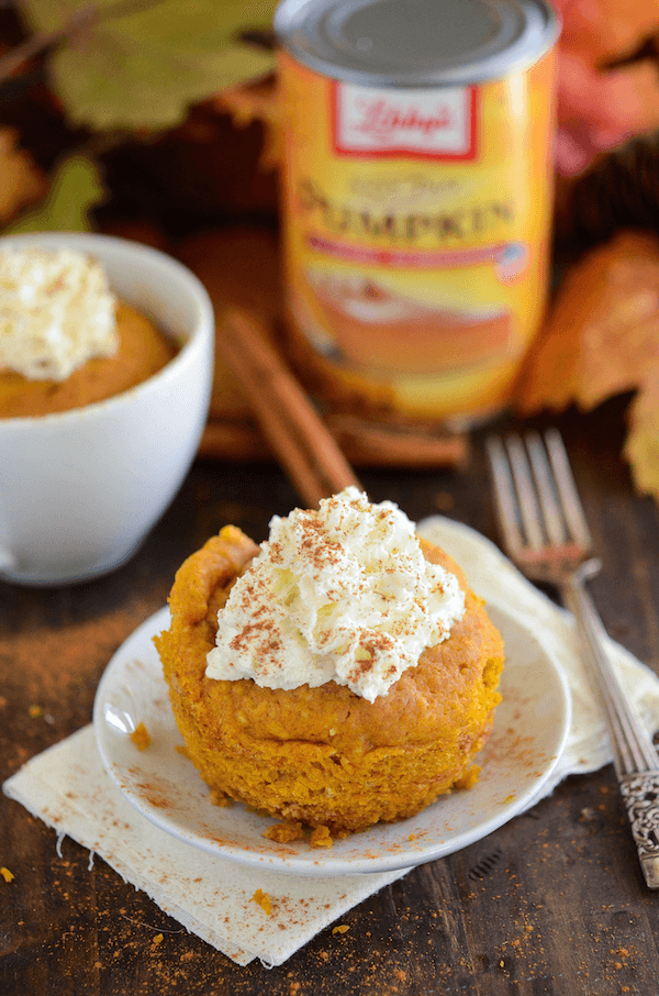 Pumpkin Mug cake set on a white plate topped with whipped cream and cinnamon