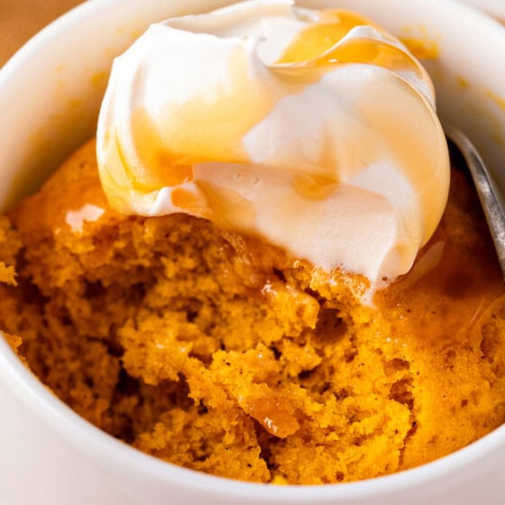 Landscape photo of pumpkin mug cake.