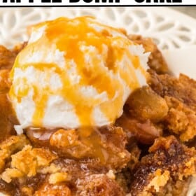 Warm, gooey, sweet caramel apple dump cake served with ice cream.