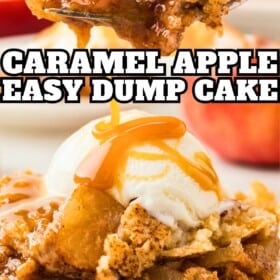 A forkful of caramel apple cake presented next to a full serving with a scoop of ice cream.