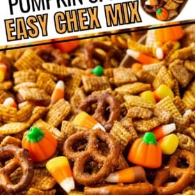 Easy pumpkin chex mix recipe on a baking sheet.