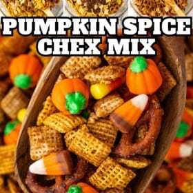 Candy pumpkins and candy corn mixed with pumpkin spice chex mix.