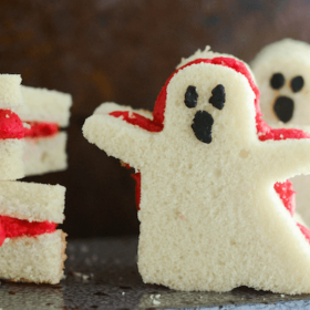 Pound Cake Ghost Sandwiches with Raspberry Buttercream and boo faces