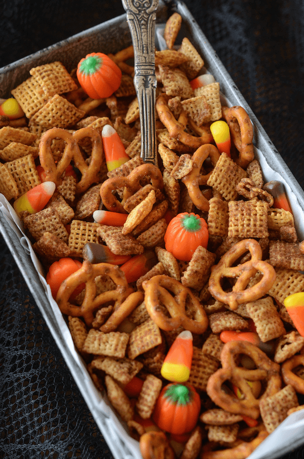 Pumpkin Spice Chex Mix! You can make it in the oven and your house will smell amazing or quickly in the microwave!