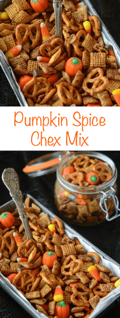 Photo collage of Pumpkin Spice Chex Mix