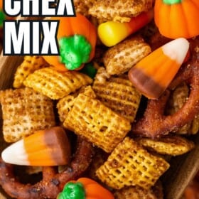 Pumpkin spice chex mix with harvest mix candies.