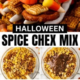 Halloween pumpkin spice chex mix is made in a big bowl and held with a decorative skeleton hand.