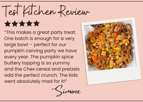 A review for a pumpkin spice chex mix snack, shown in a bowl with Chex cereal, pretzels, candy pumpkins, and candy corn. The review praises this chex mix as a party treat packed with great flavor and irresistible crunch.