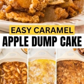 Caramel apple dump cake layered in a casserole dish, then served with vanilla ice cream.