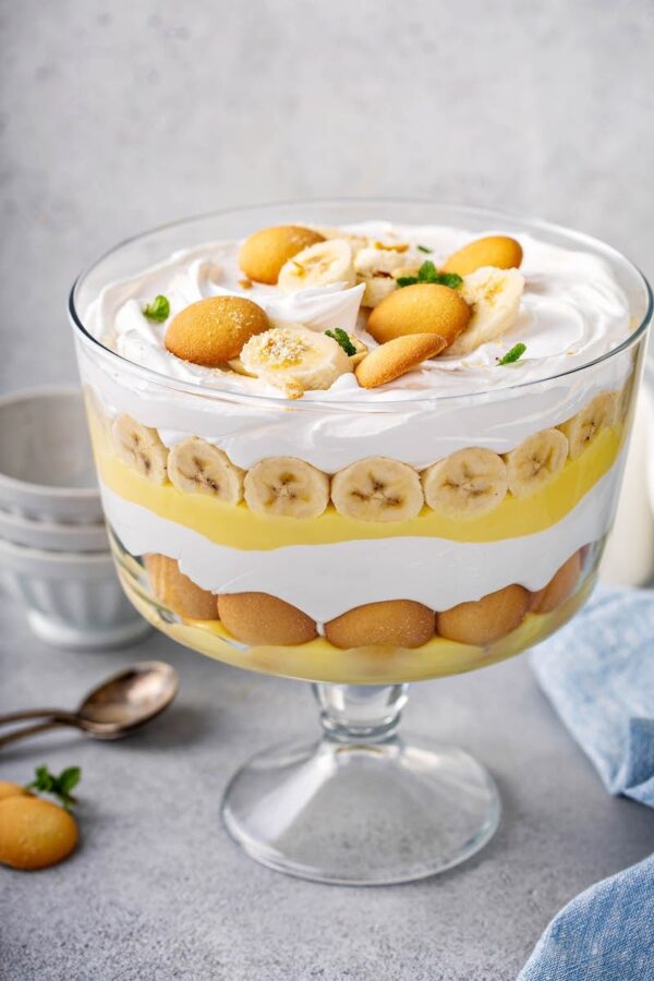 Banana Pudding in a layered trifle glass.