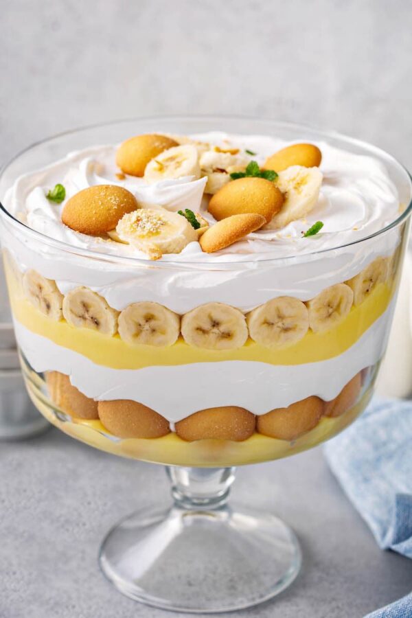 Banana Pudding layered in a large bowl. 