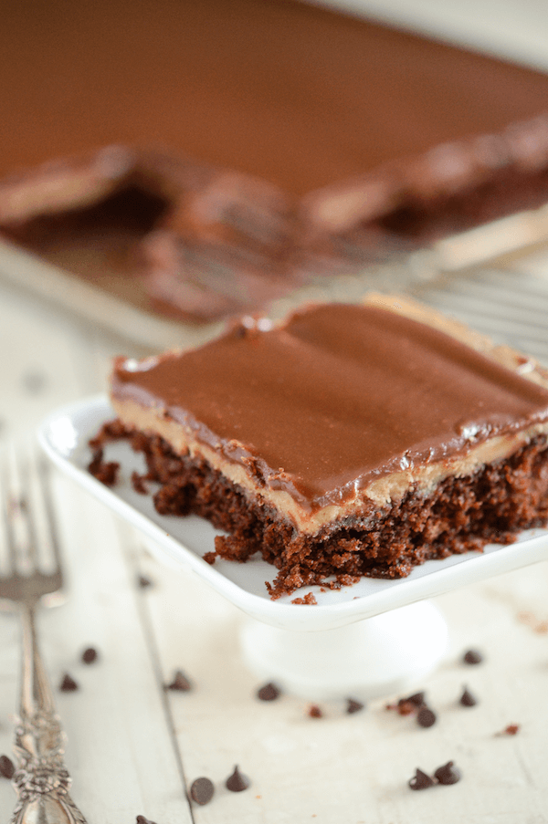 Chocolate and Peanut Butter Sheet Cake: starts with a one bowl moist chocolate cake, then a layer of creamy peanut butter frosting and finished with a layer of rich dark chocolate ganache!