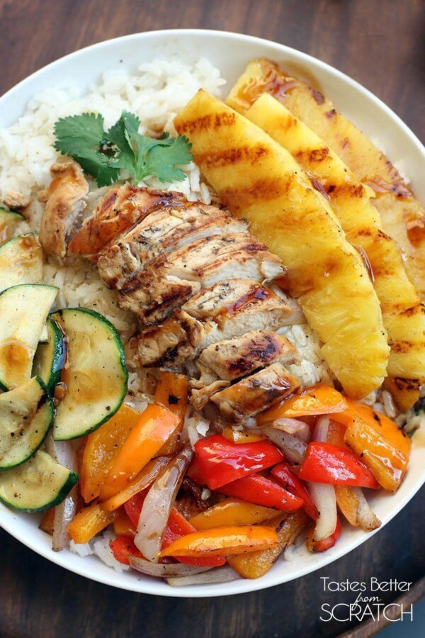 A Large Serving Bowl Filled with Grilled Hawaiian Chicken Teriyaki