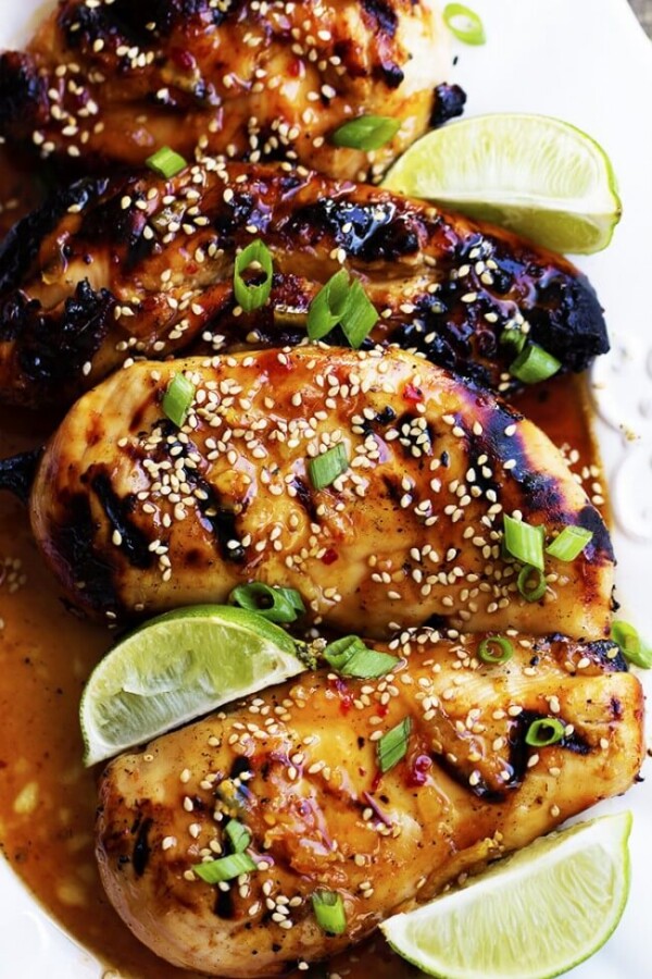 Grilled Sweet Chili Lime Chicken with Chives and Lime Slices