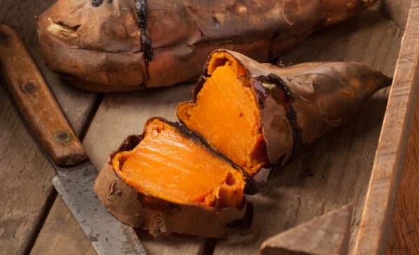 Baked Sweet Potato sliced in half. 