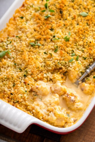 Angled photo of cauliflower mac and cheese.