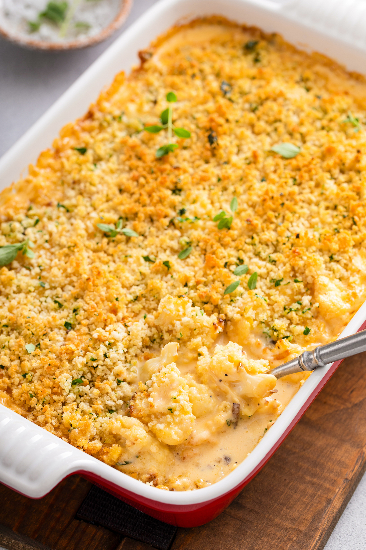 Mac and cheese casserole in a baking dish. 