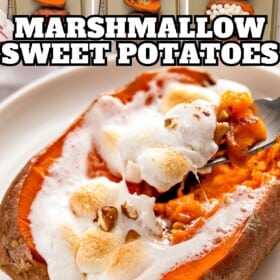 Sliced sweet potatoes on a baking sheet with marshmallows with a cooked loaded sweet potato.