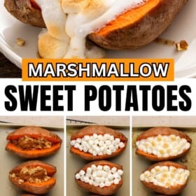 Sweet potatoes prepared on a baking sheet with a fully loaded marshmallow sweet potato.