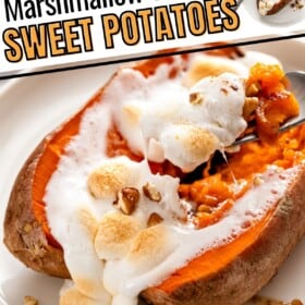 Marshmallows are melted inside of a cooked whole sweet potato.