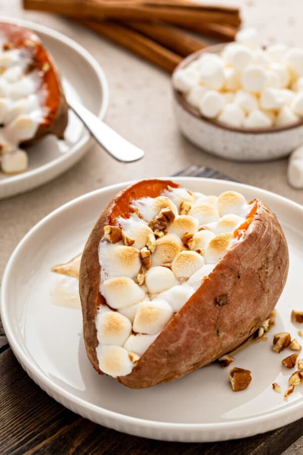 Stuffed sweet potatoes with gooey marshmallows.