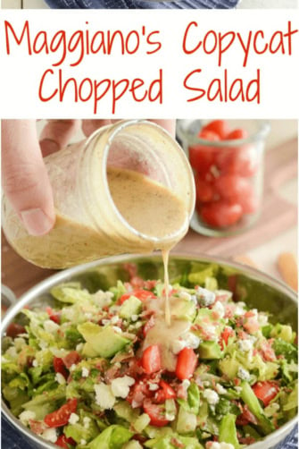 Photo collage - Copycat Maggianos Chopped Salad - blue cheese, tomatoes, avocados, bacon in a silver serving dish on a blue and white cloth with dressing being poured on the salad