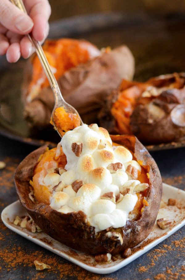 Baked sweet potato split down the middle and filled with toasted marshmallows.