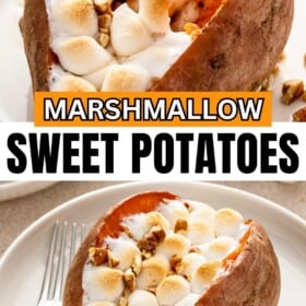 Loaded sweet potatoes with marshmallows on plates.