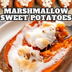 Halved sweet potatoes are stuffed with mini marshmallows.