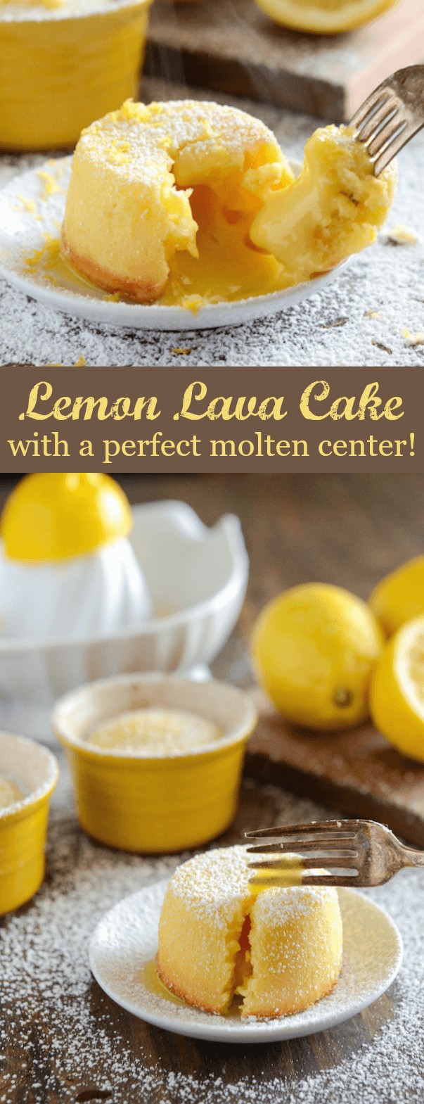 A Collage of Two Images of Lemon Lava Cake with the Molten Center Shown Off