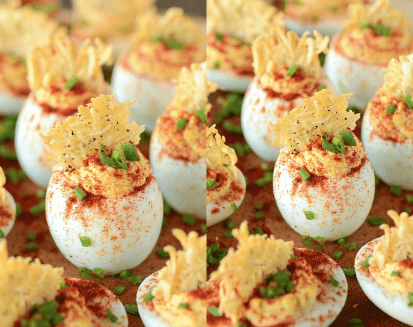 Two photos of deviled eggs side by side sprinkled with chives and paprika 