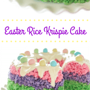 Photo collage of Easter Rice Krispie Cake topped with icing and robin's eggs on a white cake stand.