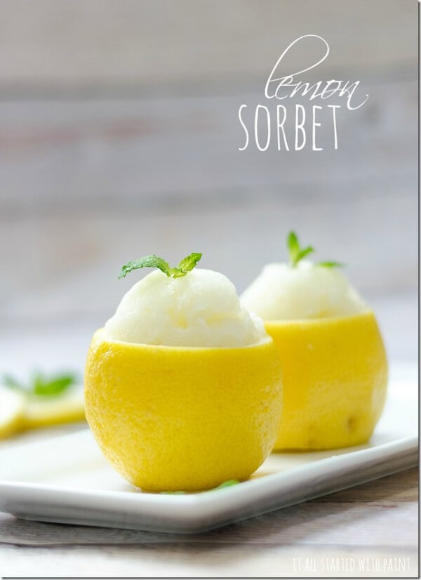 Two Hollowed out Lemons Filled with Lemon Sorbet
