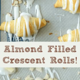 Almond Crescent Rolls Arranged on a Baking Pan With a Frosting Drizzle