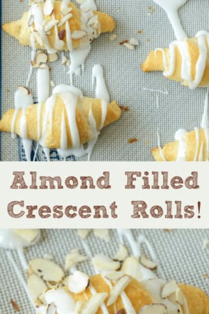 Almond Crescent Rolls Arranged on a Baking Pan With a Frosting Drizzle