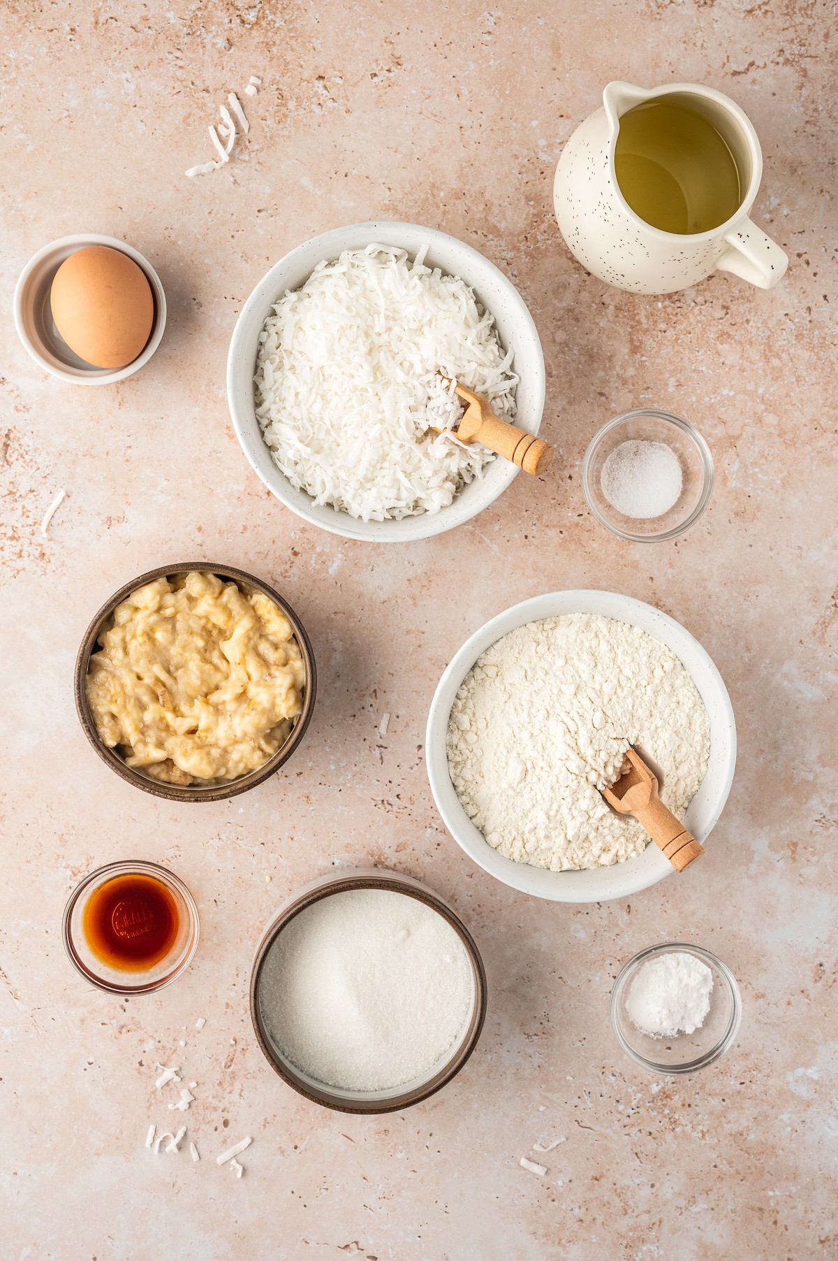 Ingredients for coconut banana muffins. 