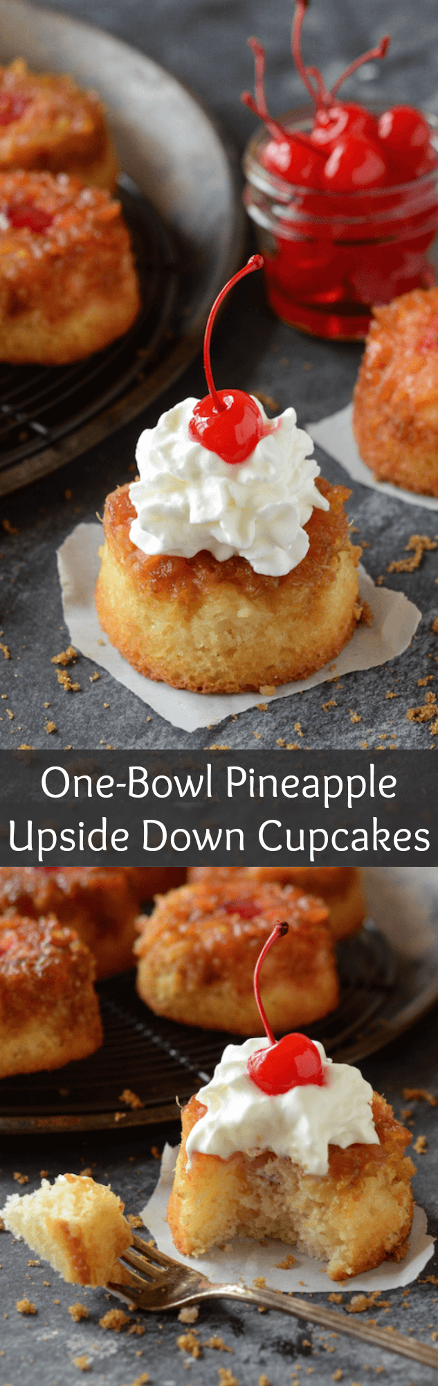 These One-Bowl Pineapple Upside Down Cupcakes are just like the classic version -- a sweet dense cake with a brown sugar caramelized pineapple topping!