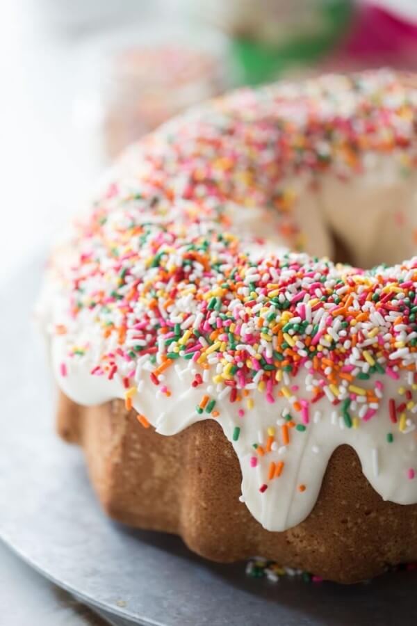 A Sugar Cookie Bundt Cake with Rainbow Sprinkles