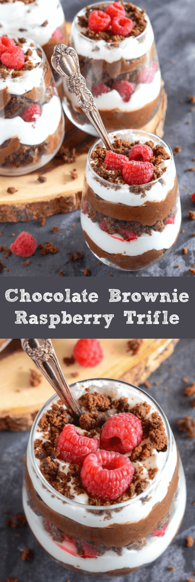 Chocolate Brownie Raspberry Trifle with brownies, chocolate pudding, raspberries and cream!
