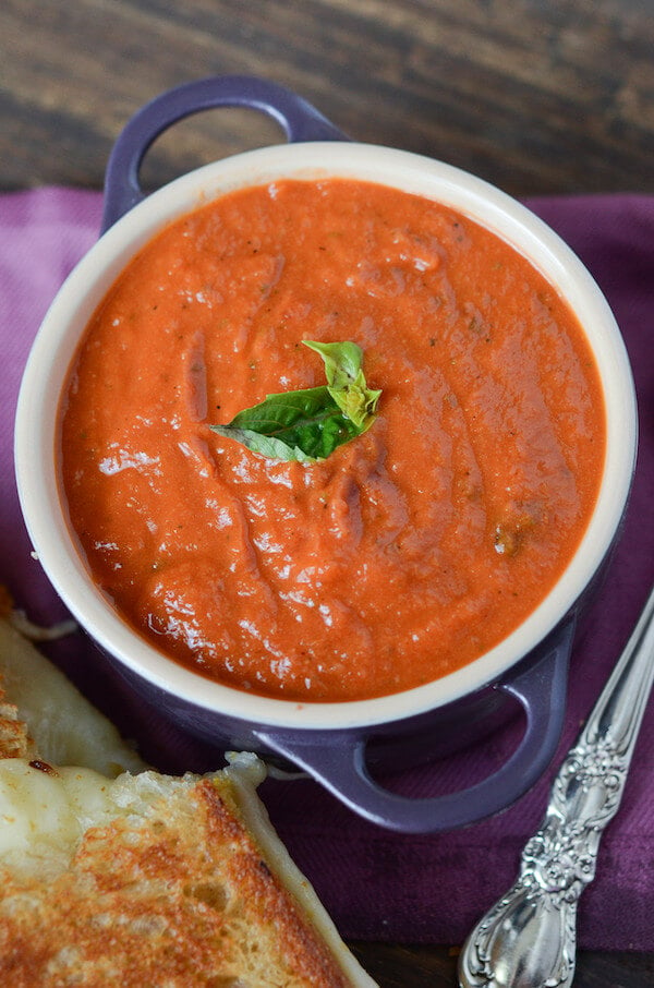 Copycat Panera Creamy Tomato Soup in a Purple Prock
