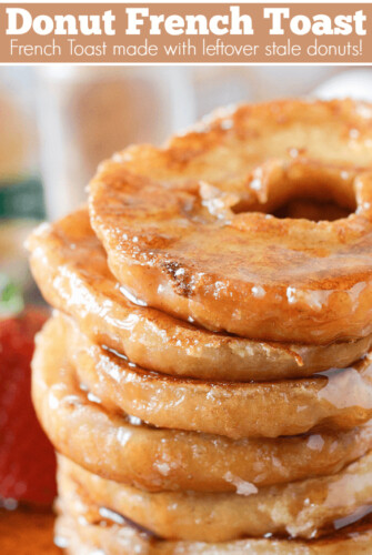 Donut French Toast: repurposing stale leftover donuts into a delicious breakfast recipe by soaking donuts in a custard mixture and griddling them on the stove!