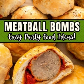 A fully cooked meatball bomb has been sliced in half next to whole bombs.