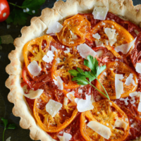 An Heirloom Tomato Tart Topped with Shaved Parmesan