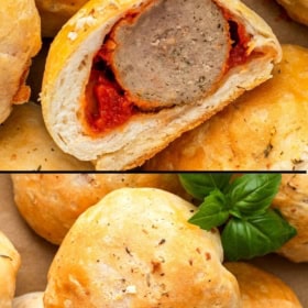Fresh basil garnishes a serving of meatball appetizers.